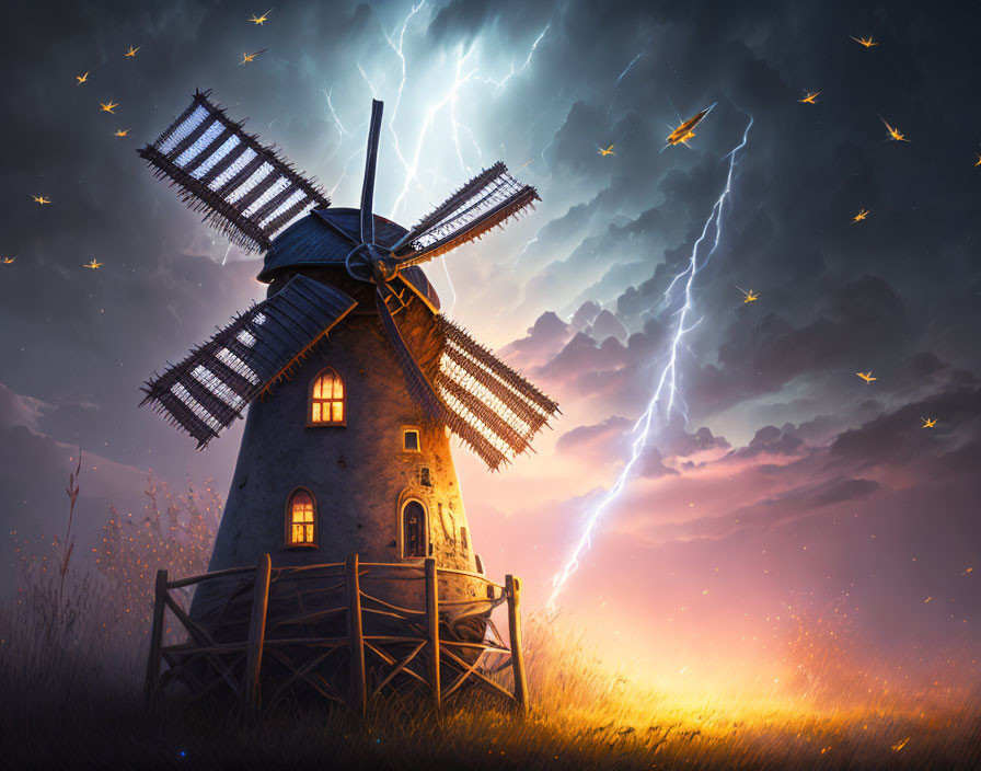 Tall windmill under dramatic sky with lightning, fireflies, and glowing grasses at twilight