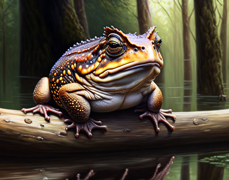 Detailed Realistic Frog on Log in Misty Swamp: Colorful Digital Illustration