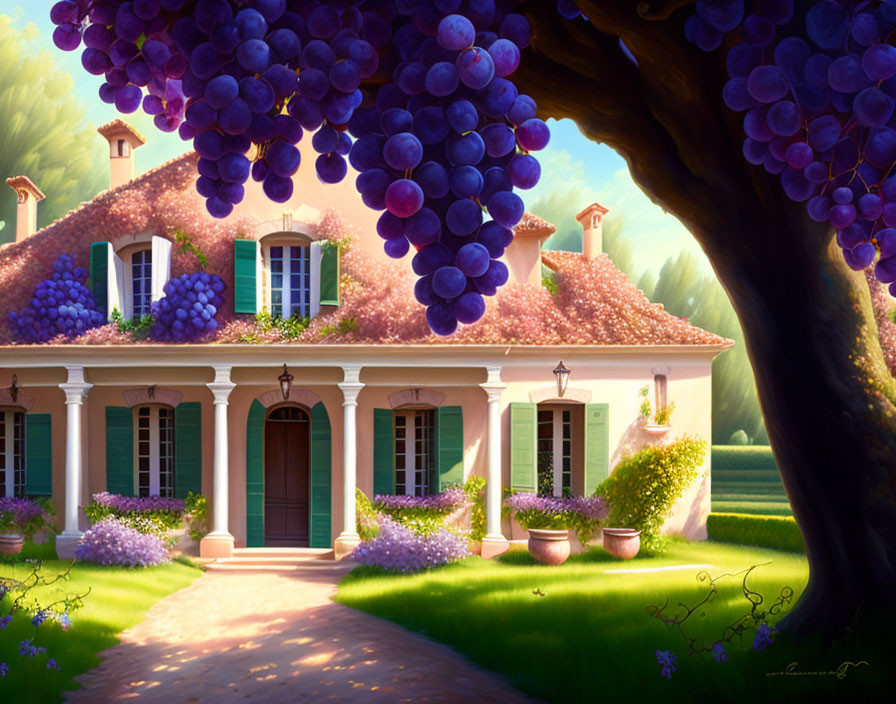 Idyllic country house with pink facade, lush grapevines, and serene landscape