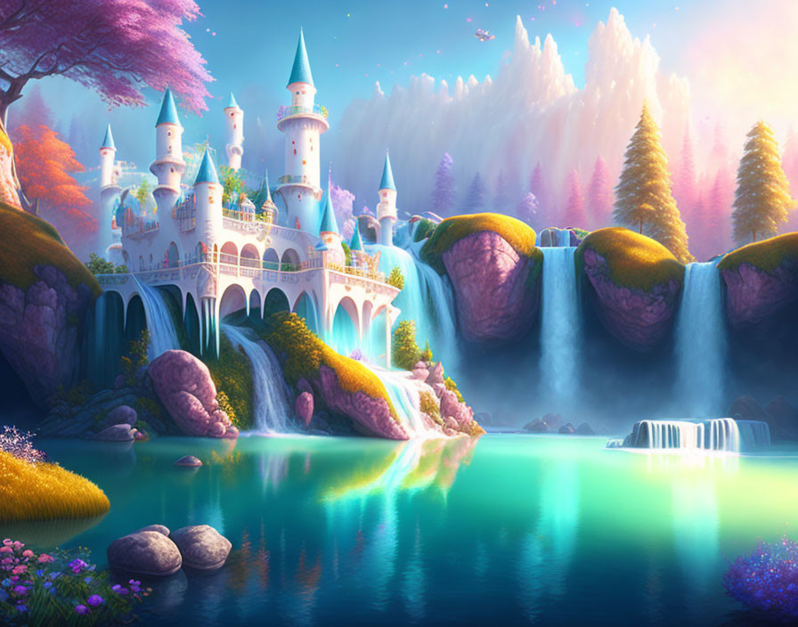 Whimsical castle with multiple towers on vibrant waterfall landscape