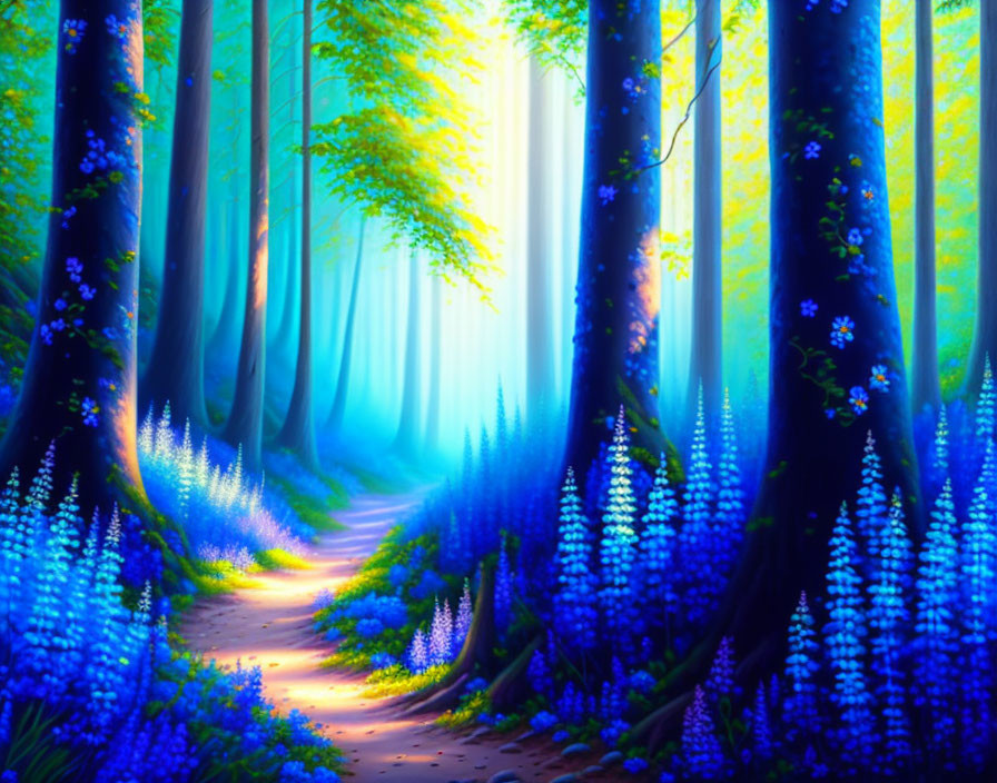 Fantastical forest path with blue trees and purple flowers in soft light