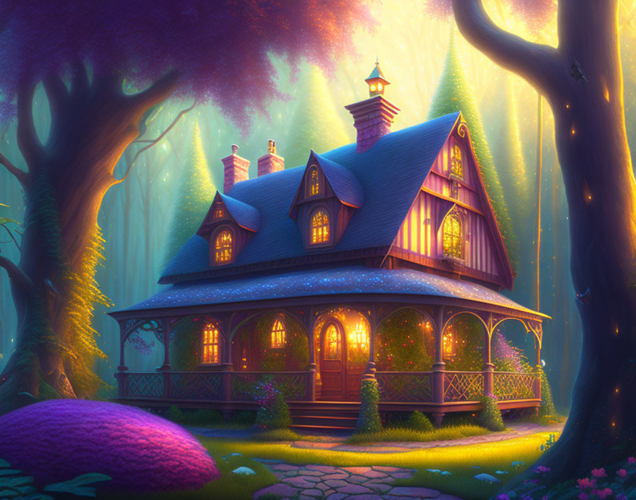 Victorian-style house in magical forest with glowing windows at dusk