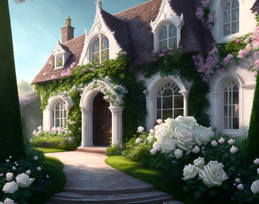 White Exterior Cottage with Pink Flowers and White Roses surrounded by Greenery