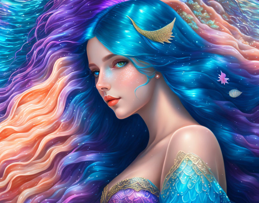 Colorful digital artwork of a woman with flowing multicolored hair and oceanic theme.