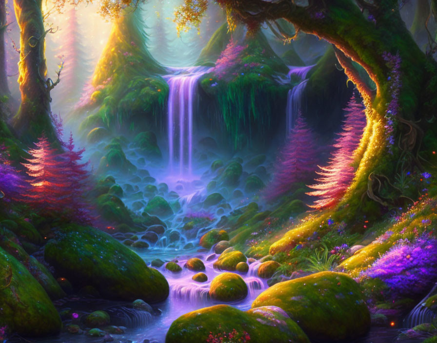 Enchanting forest scene with cascading waterfall and vibrant flora