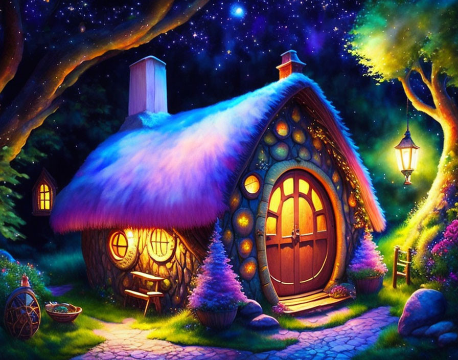 Fairytale cottage with purple thatched roof in nighttime scene