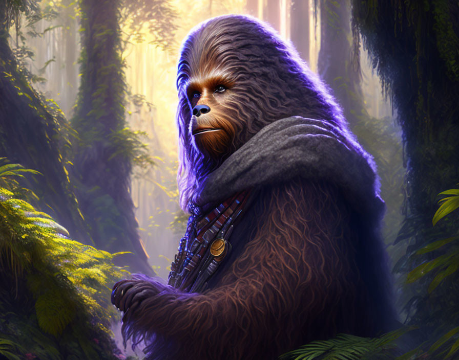 Digital illustration: Chewbacca in forest with sunlight filtering.