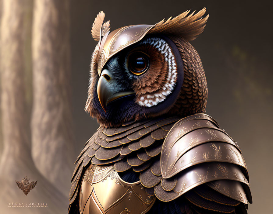 Stylized digital artwork: Owl in metallic armor & feathered helmet