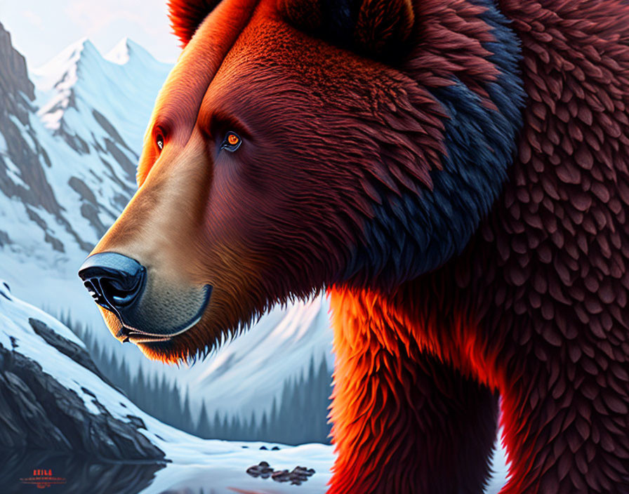 Detailed Illustration of Red-Brown Bear in Snowy Mountain Scene