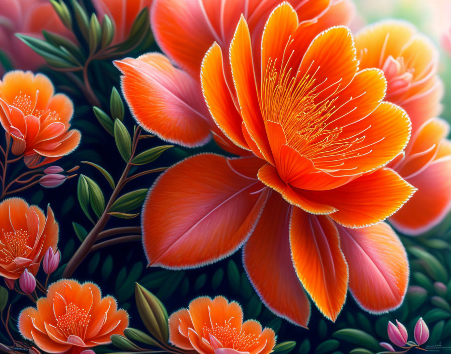 Vibrant Orange Flowers with Yellow Stamens and Green Leaves