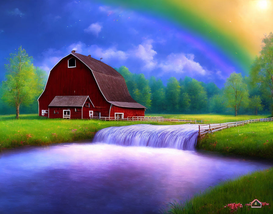 Scenic painting of red barn, waterfall, pond, rainbow, and fields.