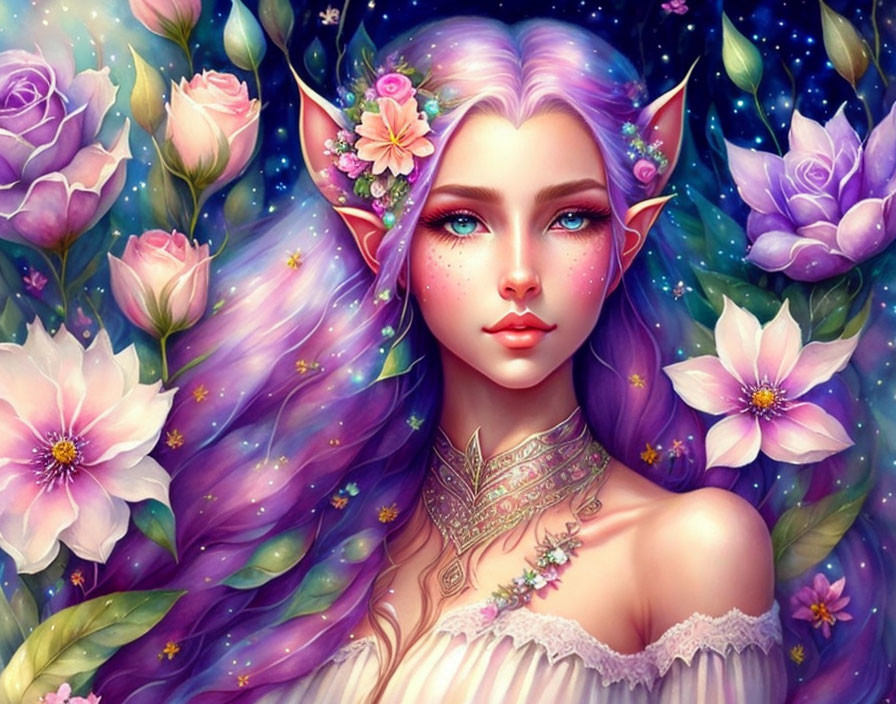 Fantasy illustration of female elf with galaxy hair and purple roses