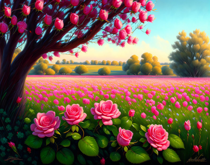 Pink Blossom Tree and Roses in Vibrant Landscape