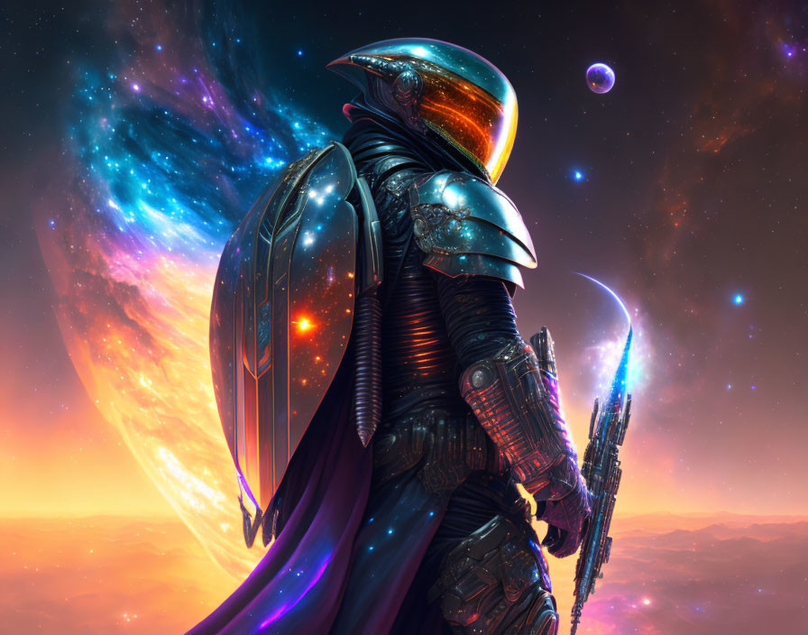 Armored figure in futuristic setting gazes at cosmic vista