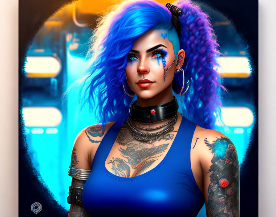 Vibrant blue hair woman with piercings, tattoos, and makeup in futuristic digital art