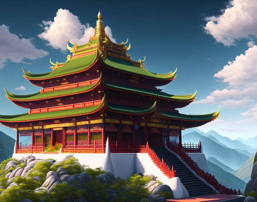 Traditional Asian Pagoda with Green Roofs and Red Columns Amid Mountain Peaks