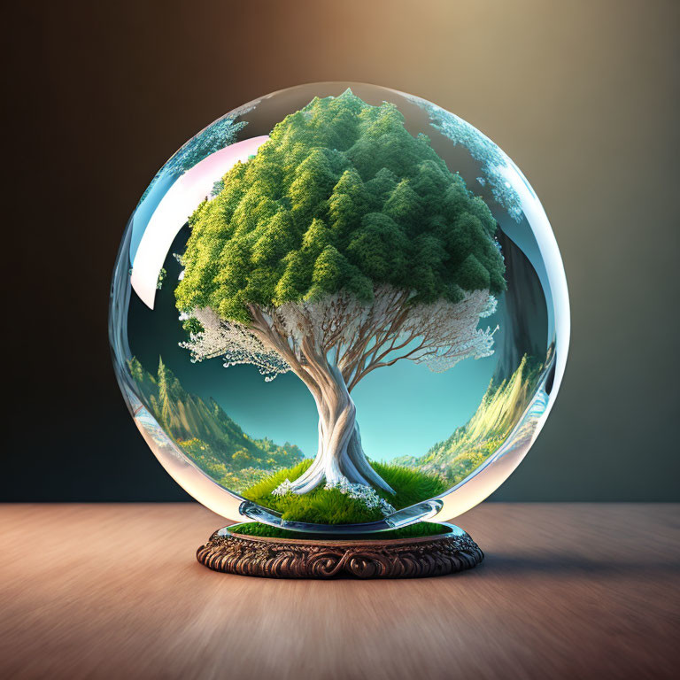 Vibrant tree in transparent sphere with mountain backdrop on wooden stand