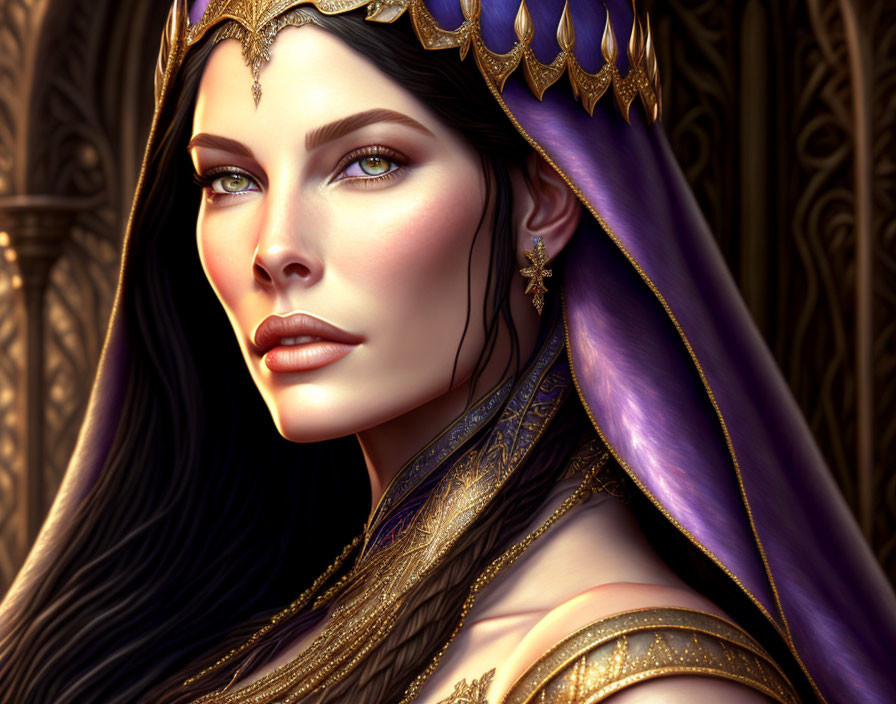 Regal woman with blue eyes, purple hair, golden crown & earrings