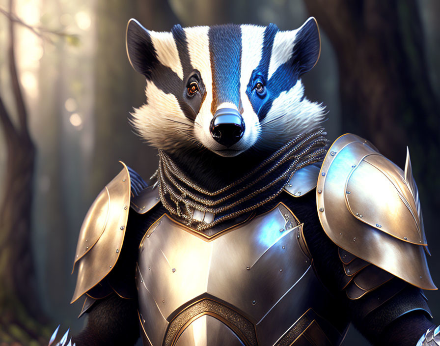 Digital image: Badger in medieval knight armor in mystical forest