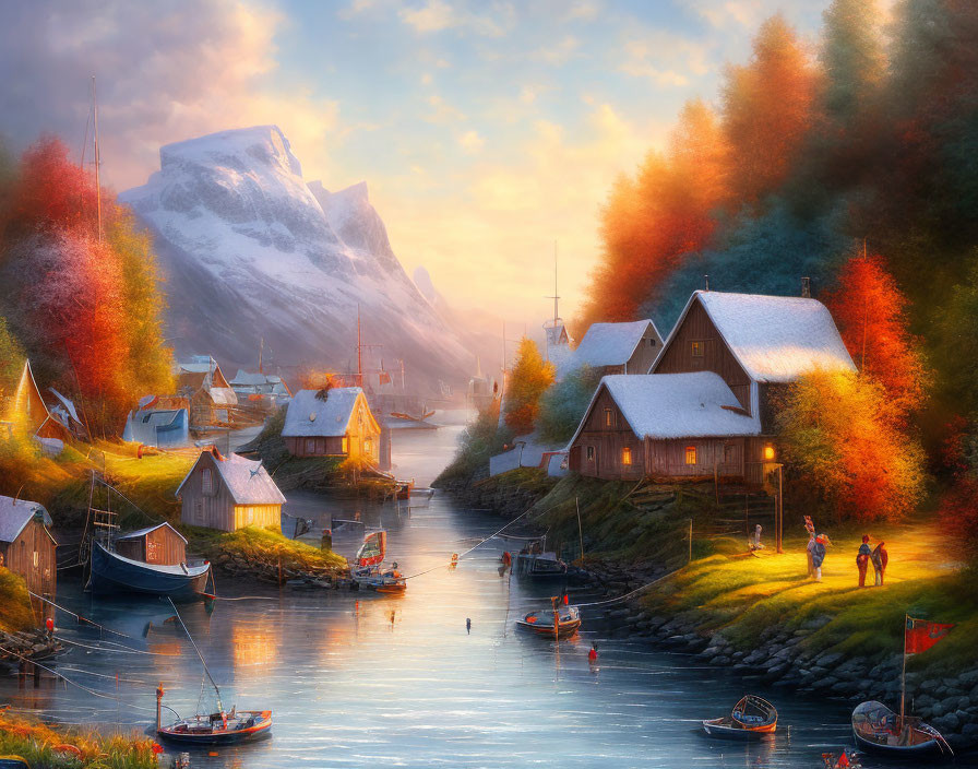 Scenic autumn village by serene river with colorful trees