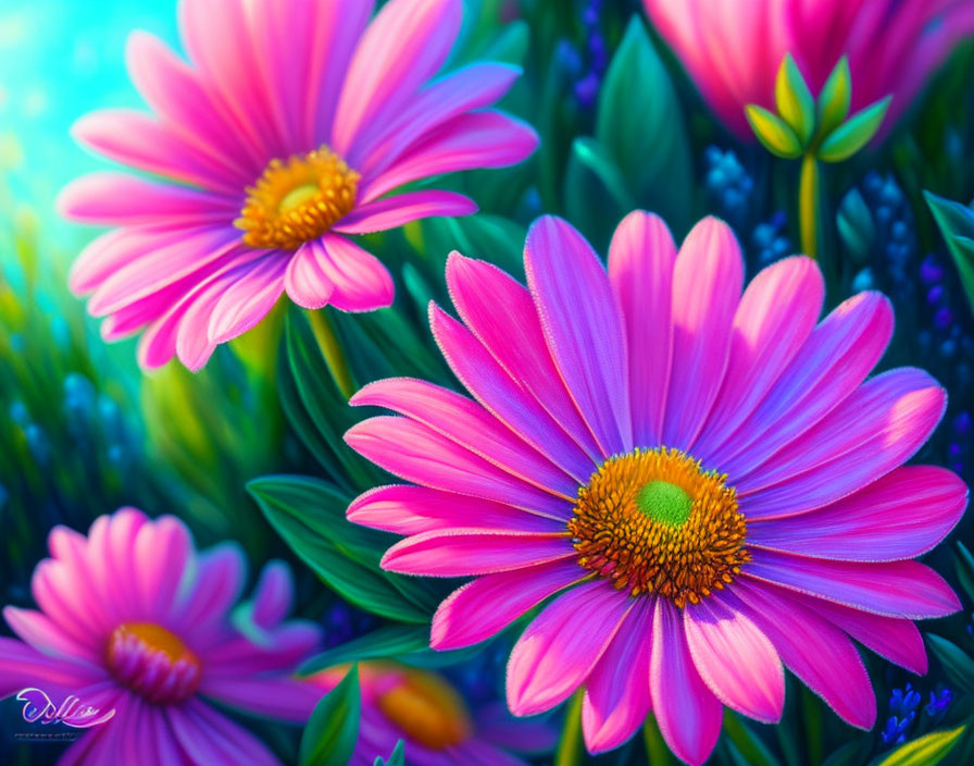 Bright pink daisies with yellow centers on lush green and blue foliage.