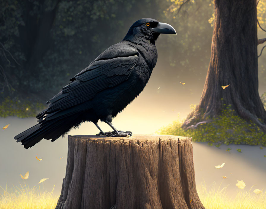 Black raven on tree stump in serene forest with golden leaves.