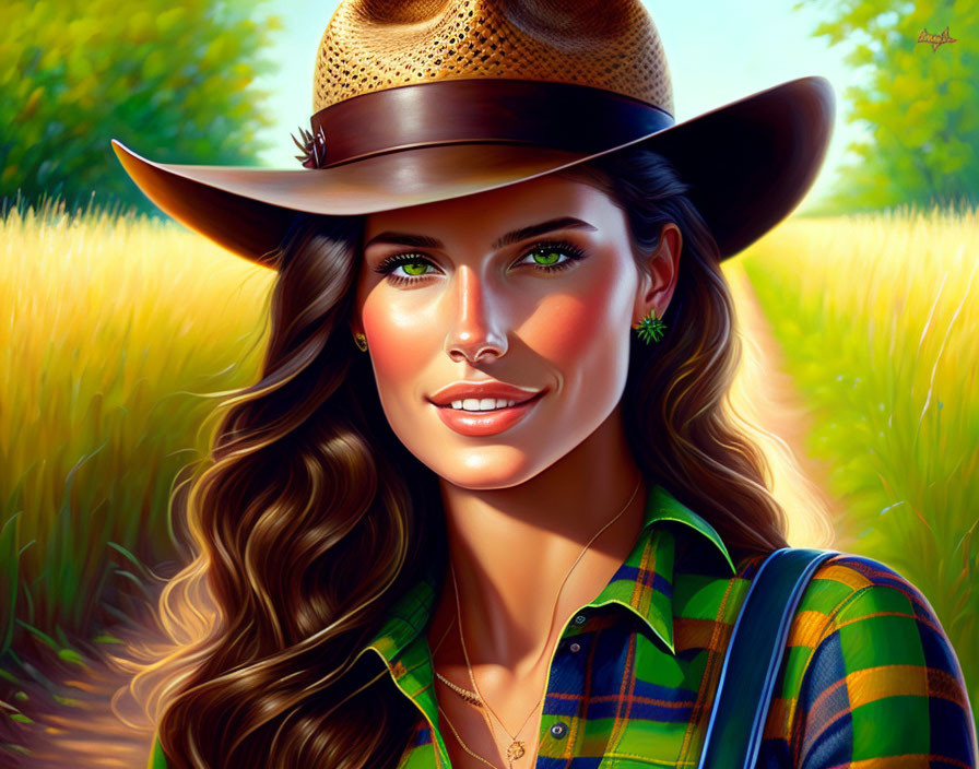 Smiling woman with brown hair in cowboy hat and plaid shirt artwork