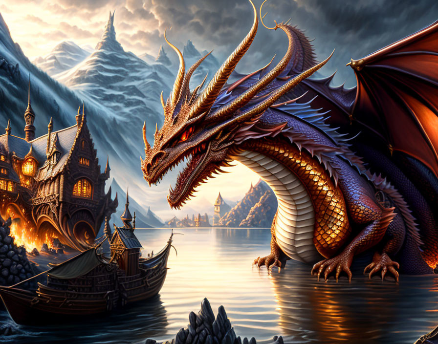 Majestic dragon overlooking Viking-like ships in tranquil bay