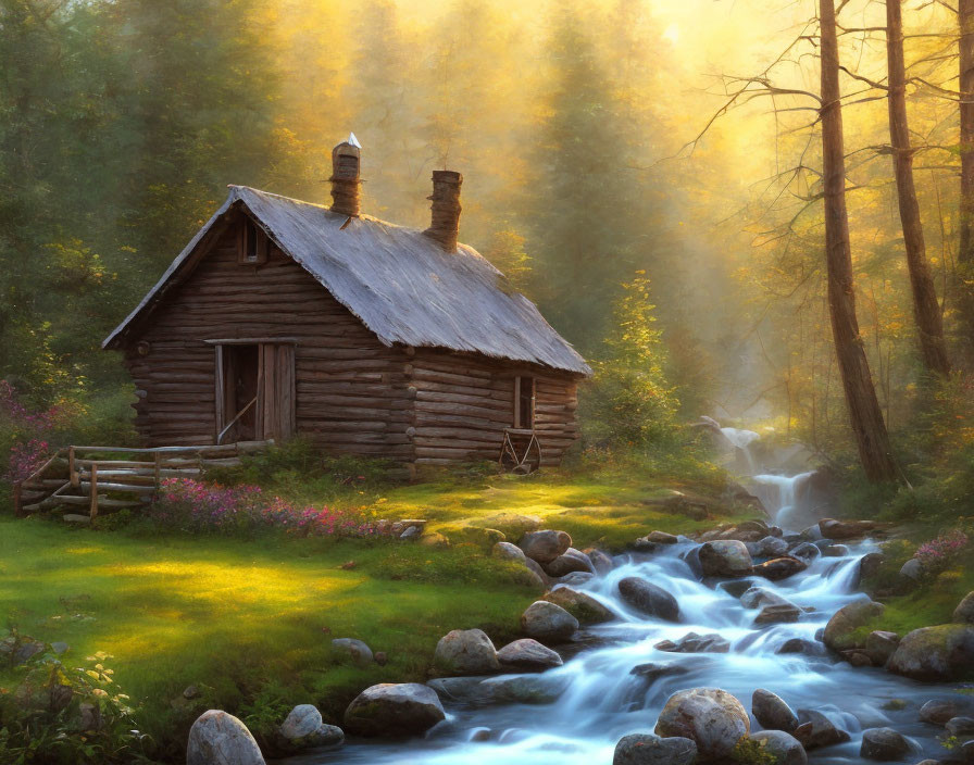 Rustic wooden cabin with thatched roof by babbling brook