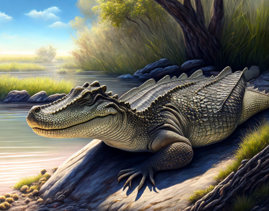 Detailed Crocodile Illustration Basking in Riverbank Scene