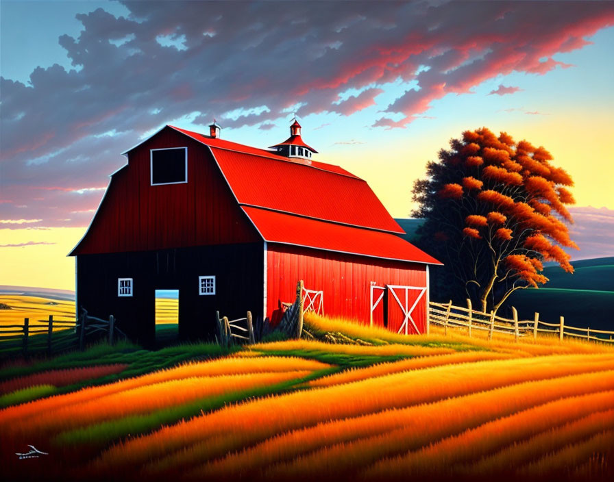 Red Barn in Golden Fields at Sunset: Peaceful Rural Landscape