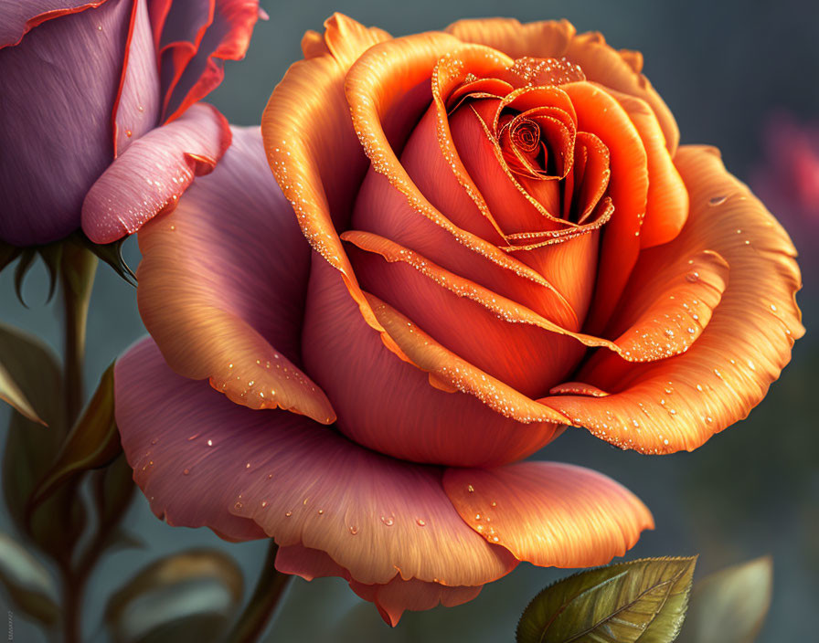 Vibrant orange rose with water droplets and blurred purple roses in background