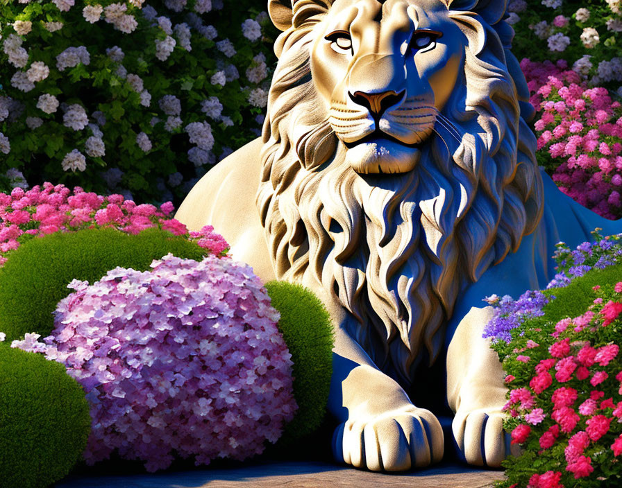 Majestic lion in 3D surrounded by greenery and hydrangea blooms