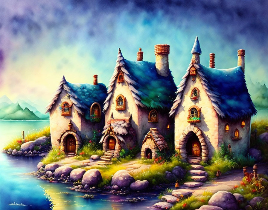 Colorful Fantasy Village Painting: Cozy Cottages, River, Mountains