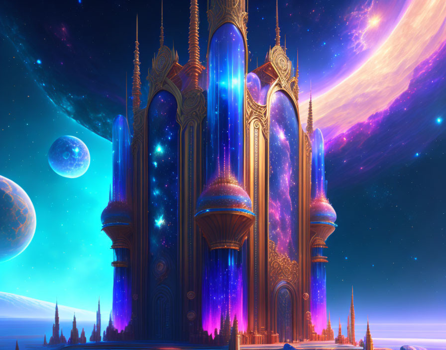 Futuristic palace with spires in cosmic galaxy scene