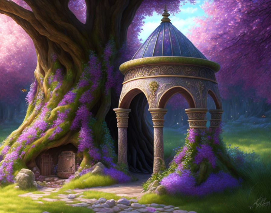 Fantasy Gazebo with Purple Flowers in Serene Forest Clearing