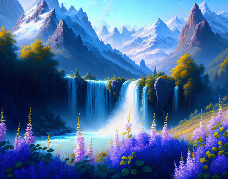 Scenic Fantasy Landscape with Waterfalls, River, and Snow-Capped Mountains