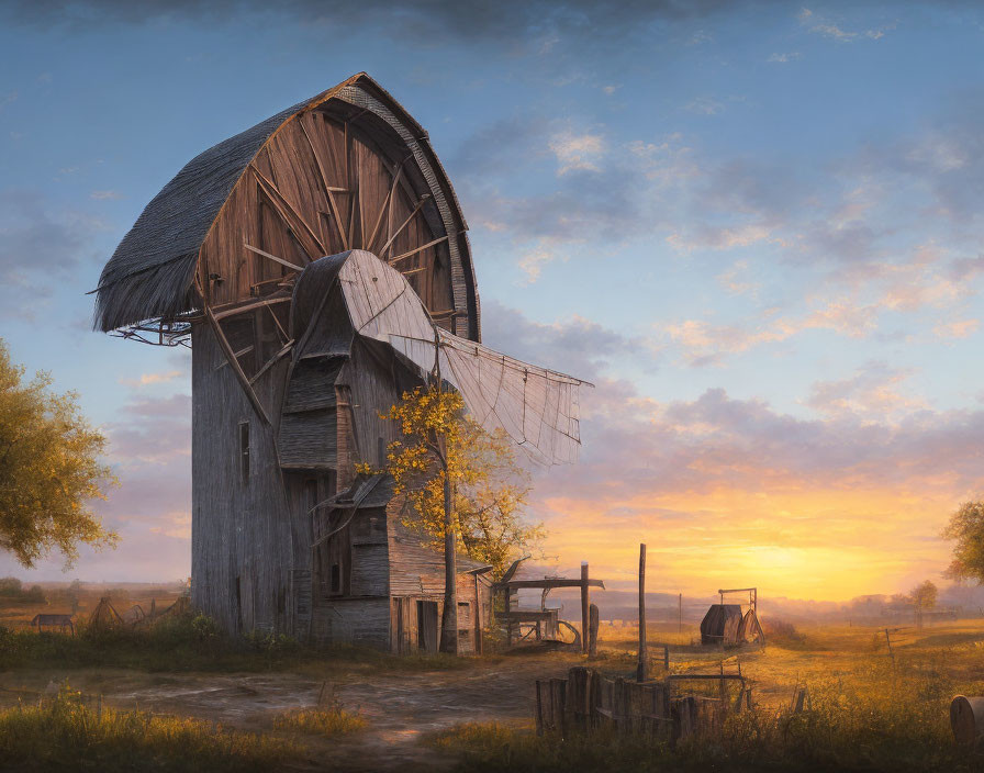 Rural sunrise scene with old wooden windmill and broken cart