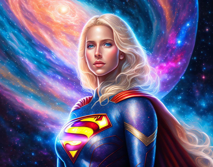 Blonde Female Superhero Digital Art with Cosmic Background