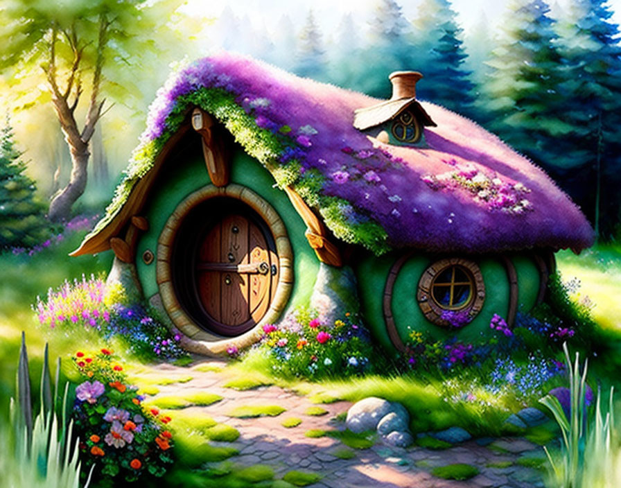 Whimsical cottage with green roof and flower-covered surroundings