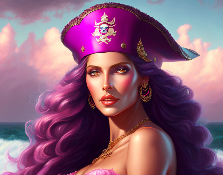 Digital Artwork: Woman with Purple Hair in Pirate Hat at Pink Sea