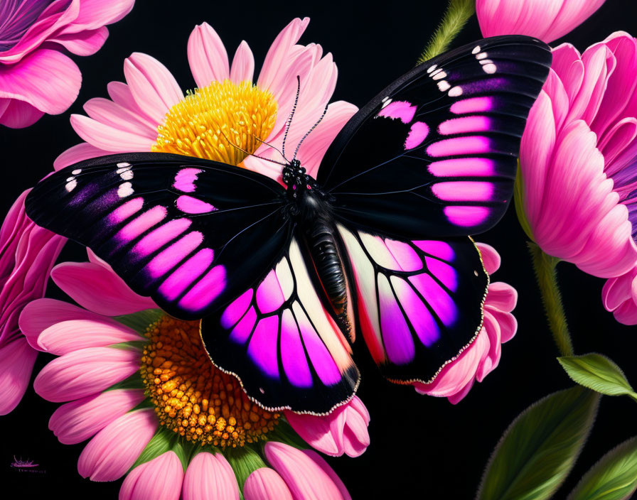 Colorful Butterfly Resting on Pink Gerbera Flowers in Dark Background