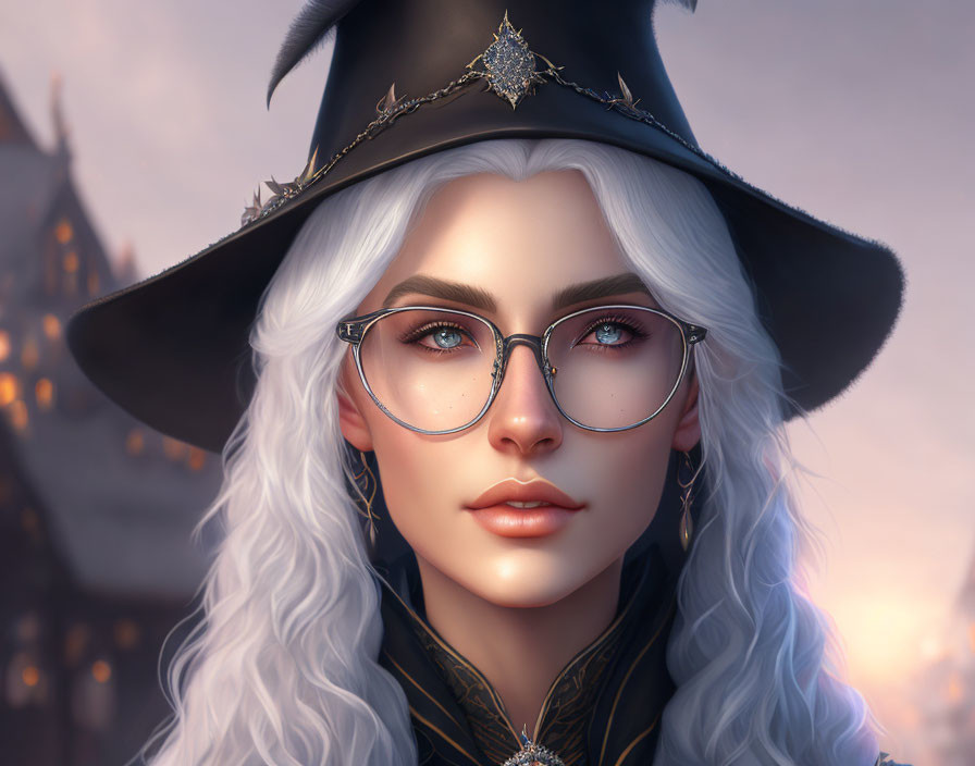 Digital Art Portrait: Woman with Silver Hair, Blue Eyes, Round Glasses, Witch's Hat, Twilight