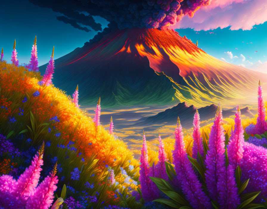 Colorful digital art: erupting volcano, vibrant flowers, dramatic sky