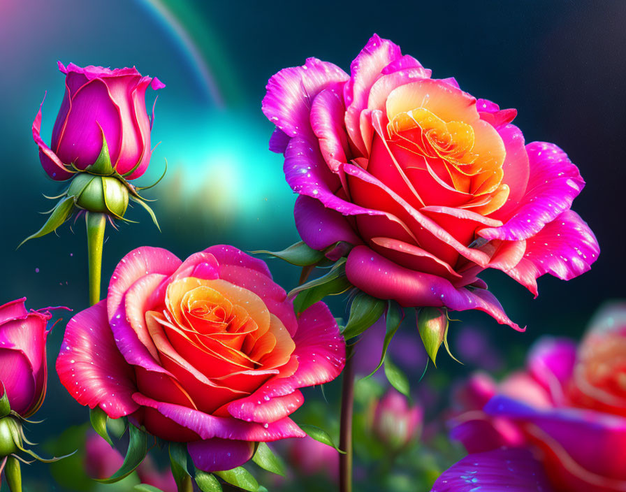 Colorful pink and yellow roses with water droplets on mystical rainbow background