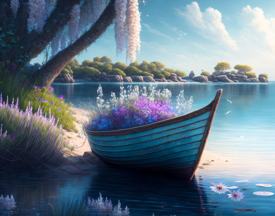 Tranquil lake landscape with old blue boat and purple flowers