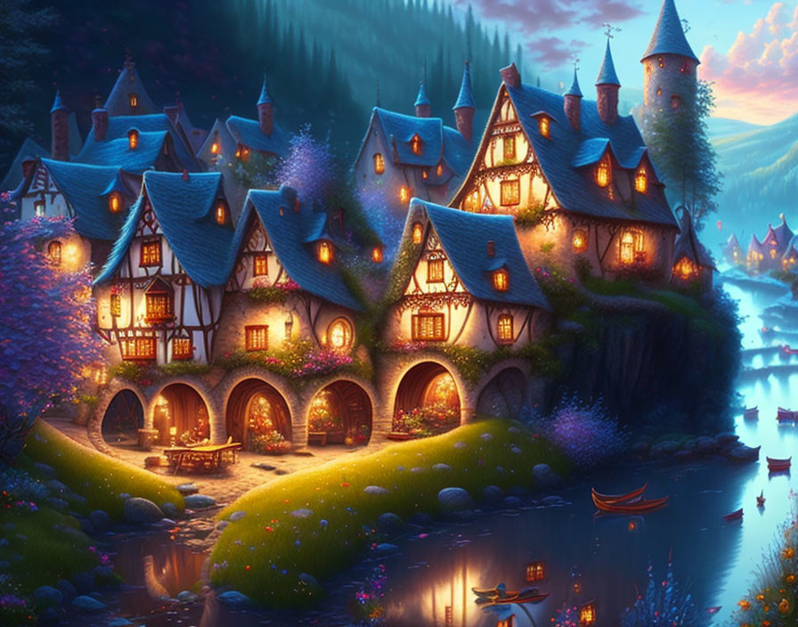 Enchanting Twilight Village by Serene River