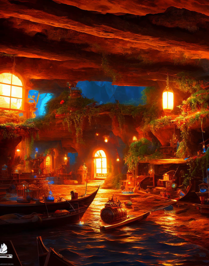 Tranquil underground cavern with boats, lanterns, and lush greenery