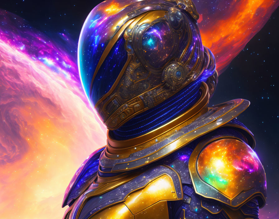 Golden-suited astronaut in reflective helmet amidst vibrant cosmic nebula