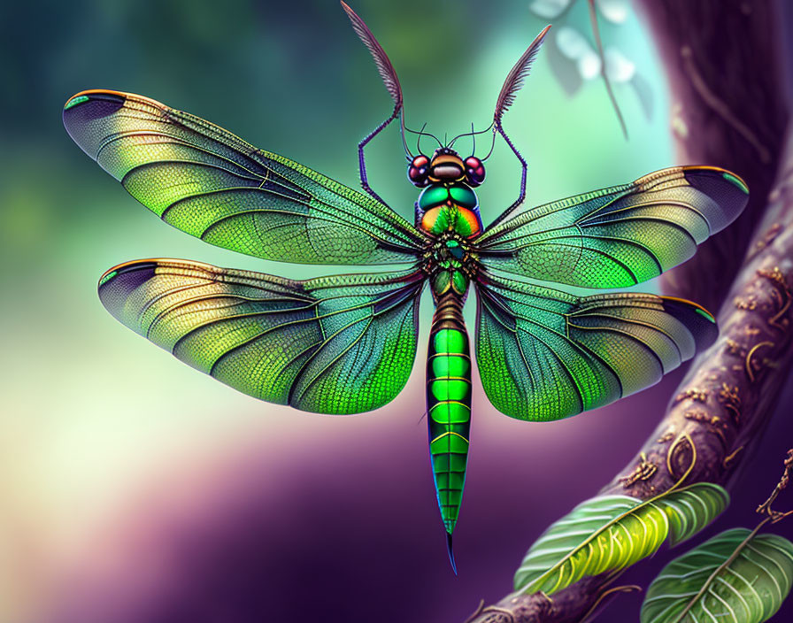 Colorful Dragonfly Illustration with Detailed Wings on Branch